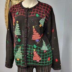 🎅 Vintage CHRISTMAS TREE novelty cardigan sweater L 80s Holiday vtg